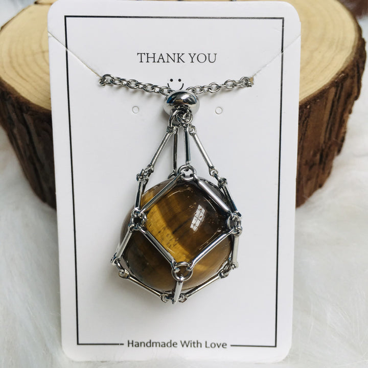 Olivenorma Crystal Stone Holder Net Pocket Collana in metallo e bambù