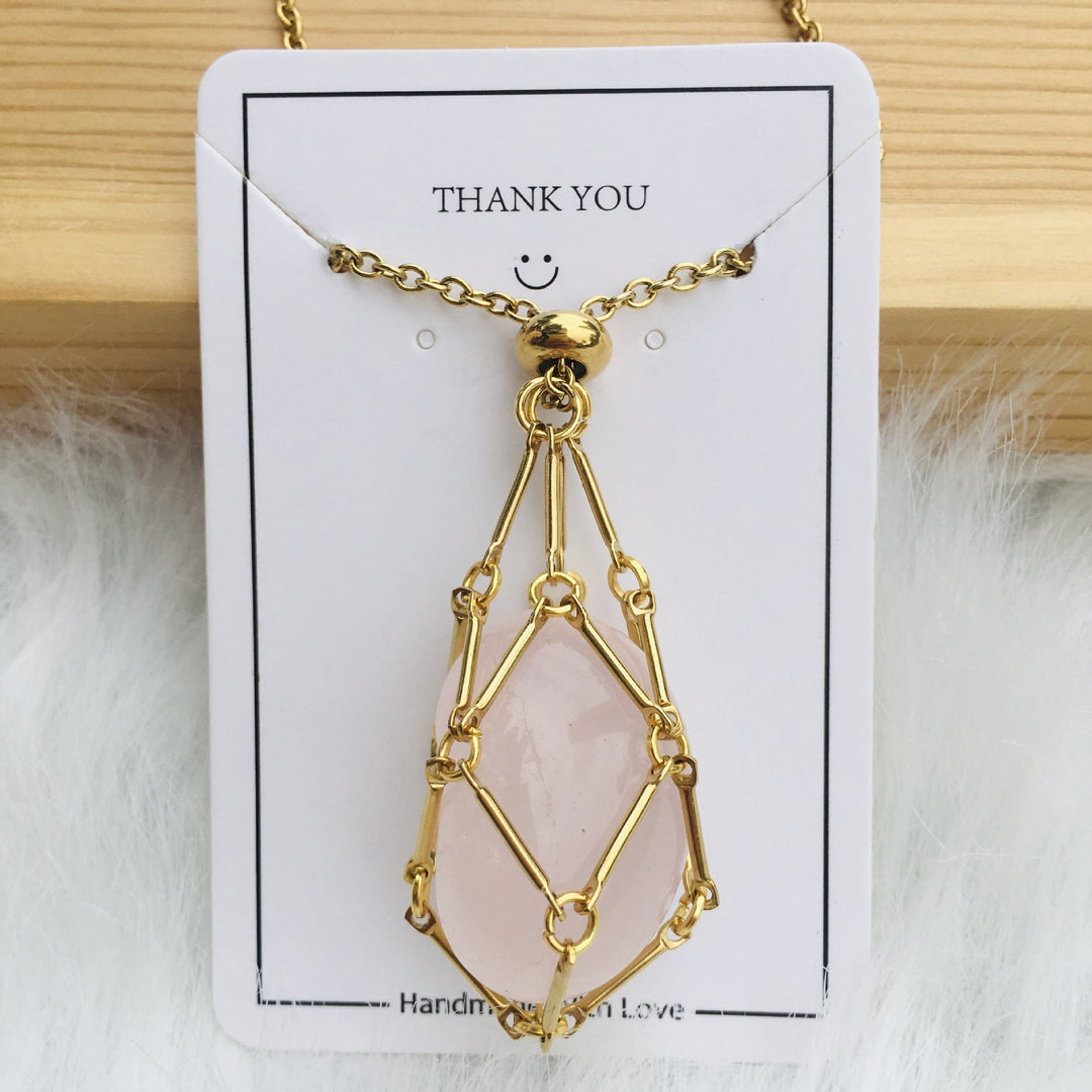 Olivenorma Crystal Stone Holder Net Pocket Collana in metallo e bambù