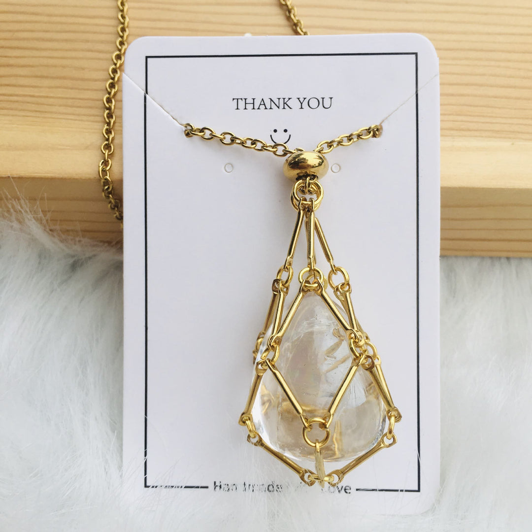 Olivenorma Crystal Stone Holder Net Pocket Collana in metallo e bambù