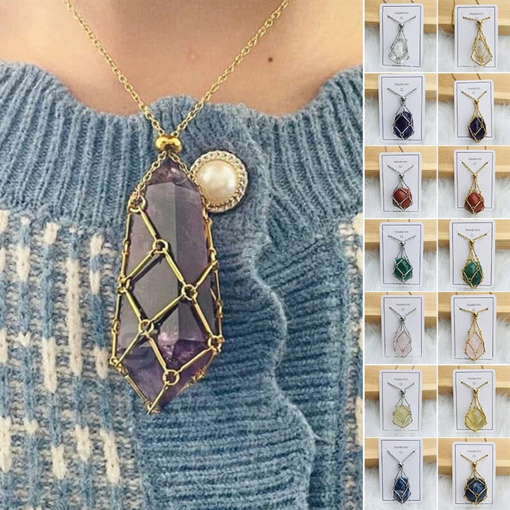 Olivenorma Crystal Stone Holder Net Pocket Collana in metallo e bambù
