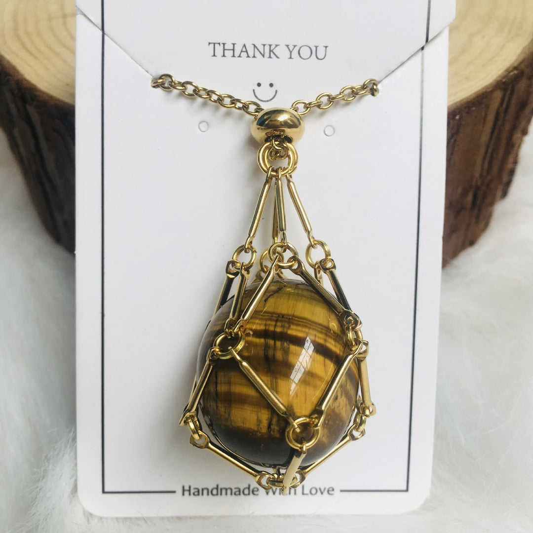 Olivenorma Crystal Stone Holder Net Pocket Collana in metallo e bambù