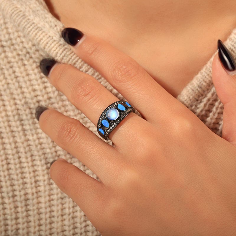 Anello Olivenorma Moonstone Opal Wide Border Argento Nero