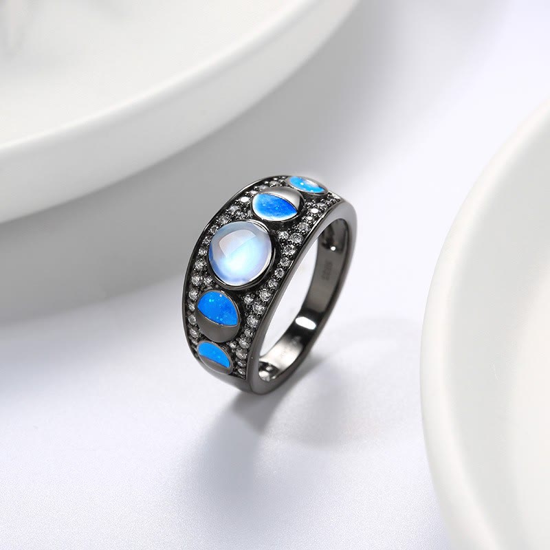 Anello Olivenorma Moonstone Opal Wide Border Argento Nero