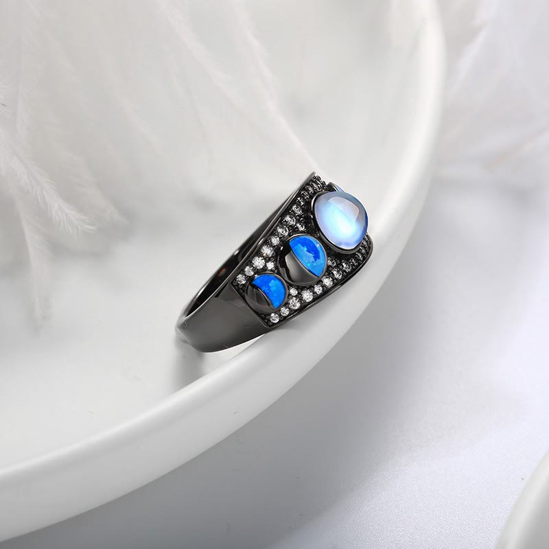 Anello Olivenorma Moonstone Opal Wide Border Argento Nero