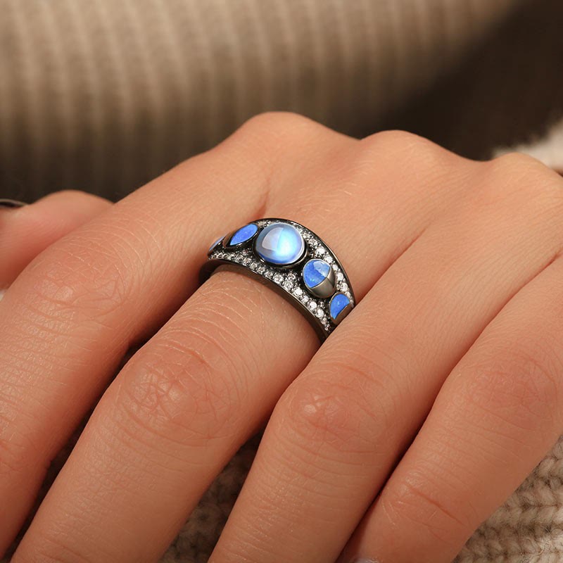 Anello Olivenorma Moonstone Opal Wide Border Argento Nero