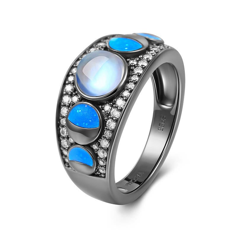 Anello Olivenorma Moonstone Opal Wide Border Argento Nero