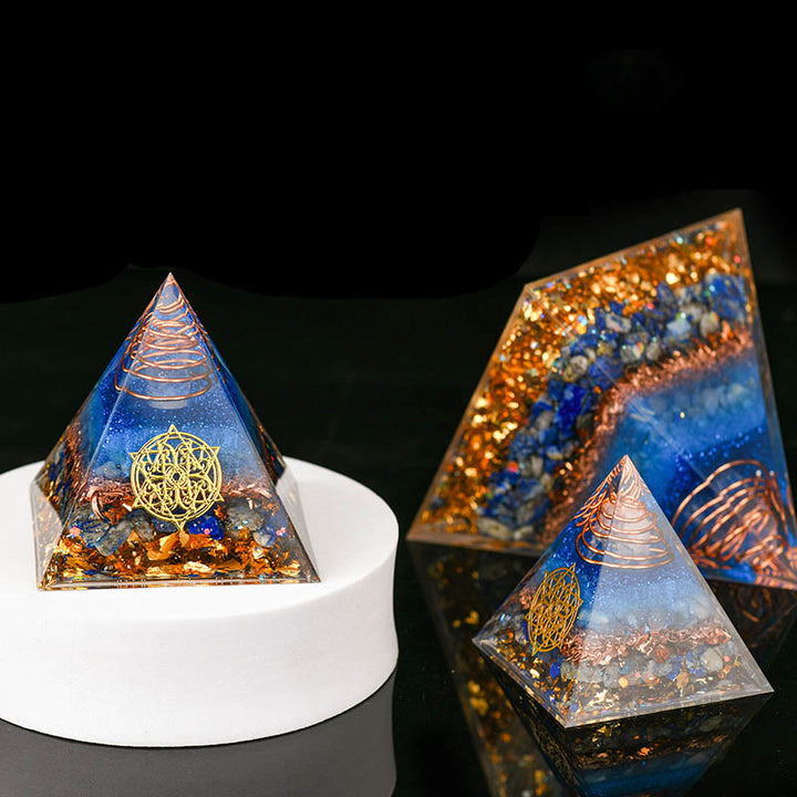 Olivenorma 5-15cm Piramide di Orgone in Avventurina Blu Cristallo Trasparente