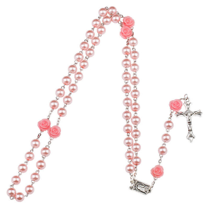 Collana rosario Olivenorma con medaglia di Lourdes e rosa rosa 
