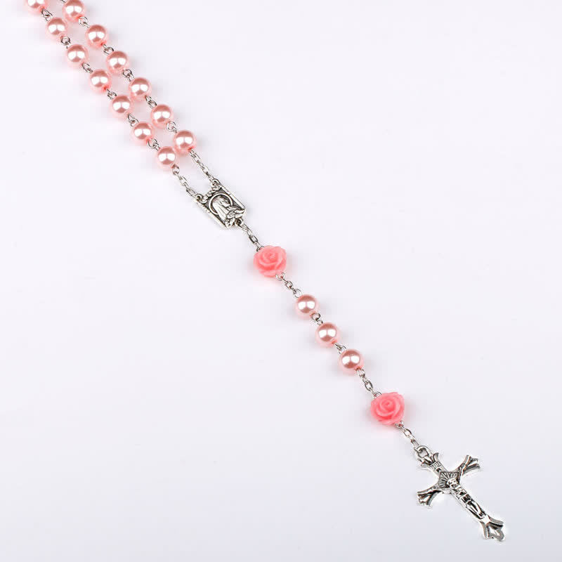 Collana rosario Olivenorma con medaglia di Lourdes e rosa rosa 