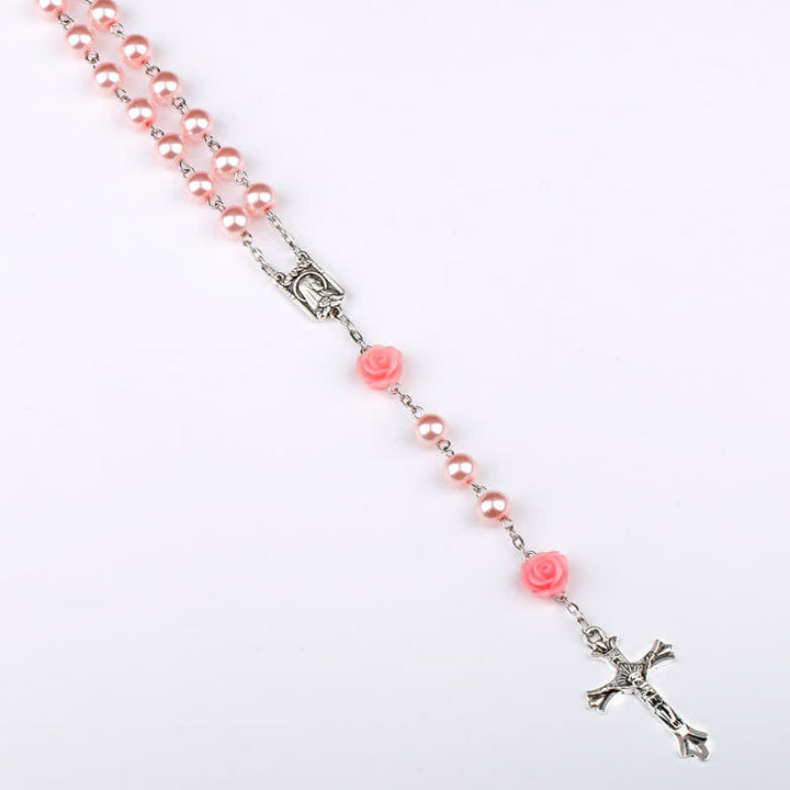 Collana rosario Olivenorma con medaglia di Lourdes e rosa rosa 