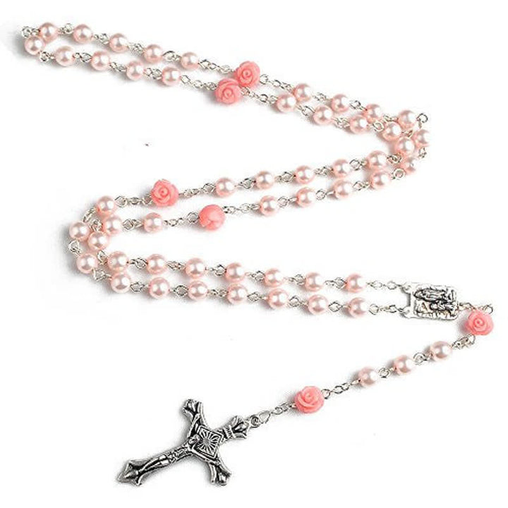 Collana rosario Olivenorma con medaglia di Lourdes e rosa rosa 