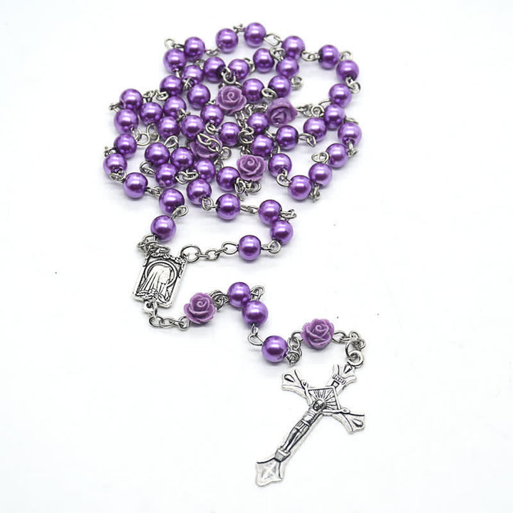 Collana rosario Olivenorma con medaglia di Lourdes e rosa rosa 