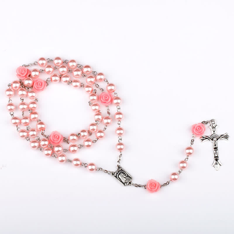 Collana rosario Olivenorma con medaglia di Lourdes e rosa rosa 