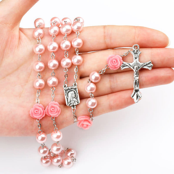 Collana rosario Olivenorma con medaglia di Lourdes e rosa rosa 