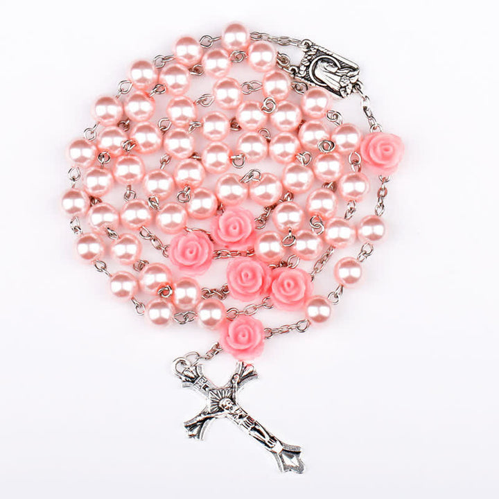 Collana rosario Olivenorma con medaglia di Lourdes e rosa rosa 