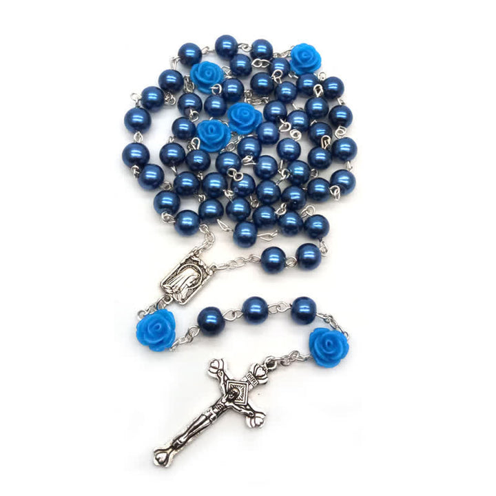 Collana rosario Olivenorma con medaglia di Lourdes e rosa rosa 