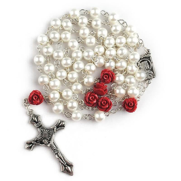Collana rosario con perline di vetro bianco Olivenorma e rosa rossa