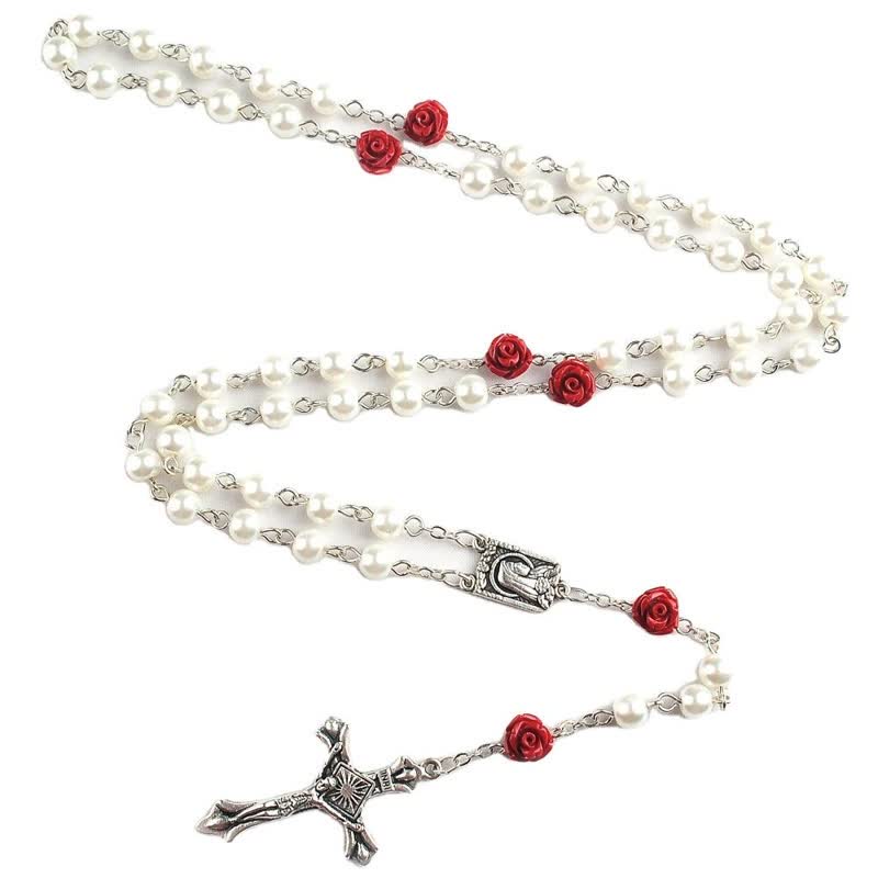 Collana rosario con perline di vetro bianco Olivenorma e rosa rossa