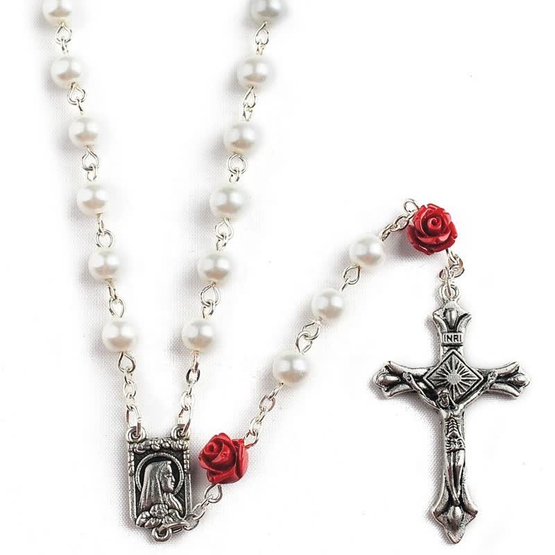 Collana rosario con perline di vetro bianco Olivenorma e rosa rossa