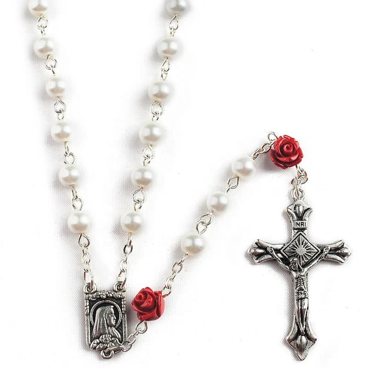 Collana rosario con perline di vetro bianco Olivenorma e rosa rossa