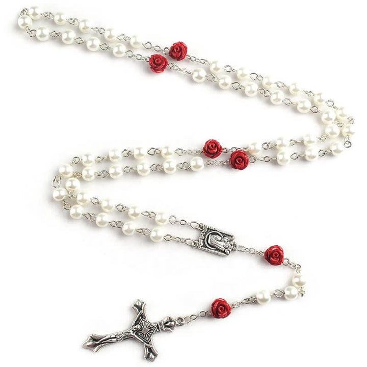 Collana rosario con perline di vetro bianco Olivenorma e rosa rossa