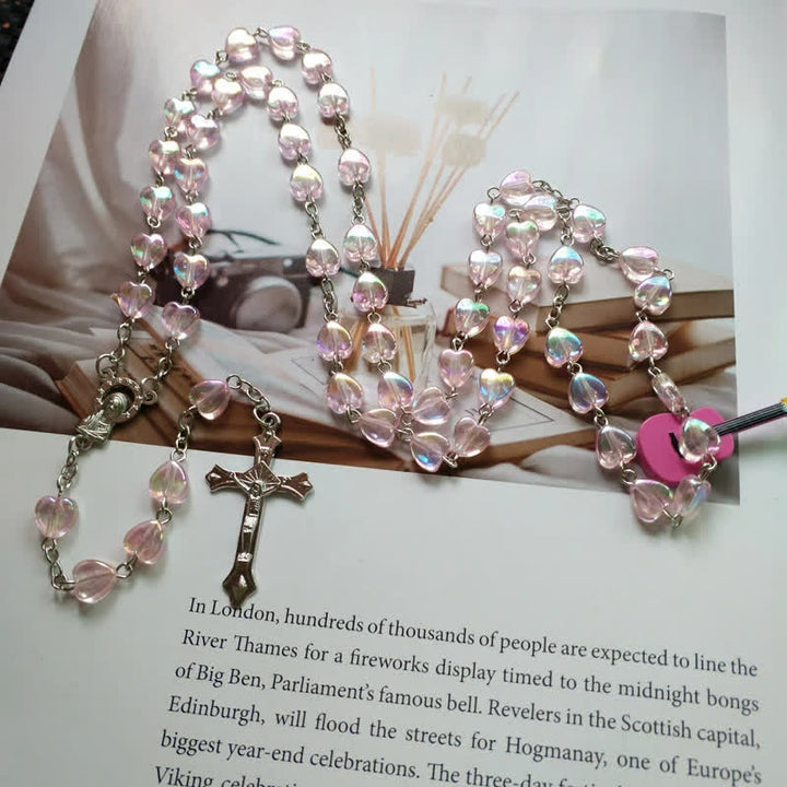 Collana rosario con perline a forma di cuore in acrilico rosa Olivenorma