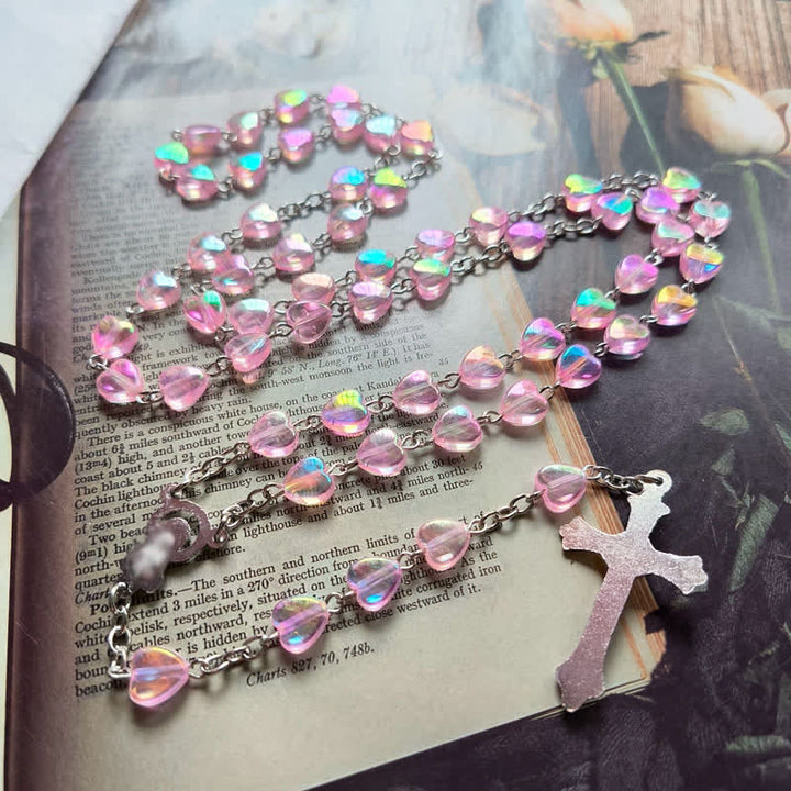 Collana rosario con perline a forma di cuore in acrilico rosa Olivenorma