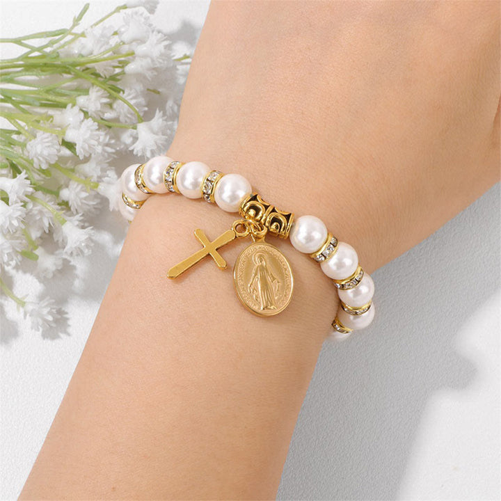 Braccialetto di perline di conchiglia bianca con croce cristiana Olivenorma 