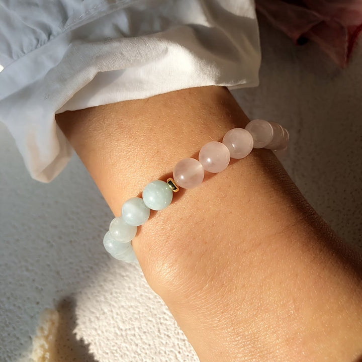Bracciale elastico con perline di acquamarina e quarzo rosa naturale Olivenorma 