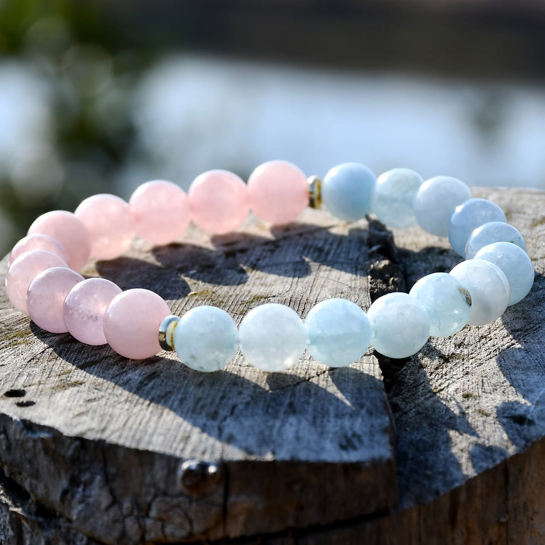 Bracciale elastico con perline di acquamarina e quarzo rosa naturale Olivenorma 
