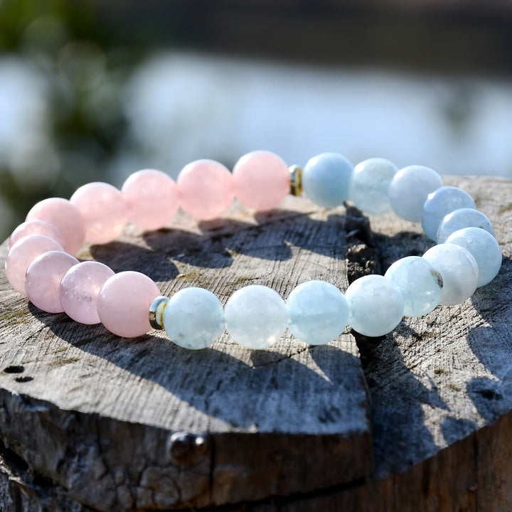 Bracciale elastico con perline di acquamarina e quarzo rosa naturale Olivenorma 