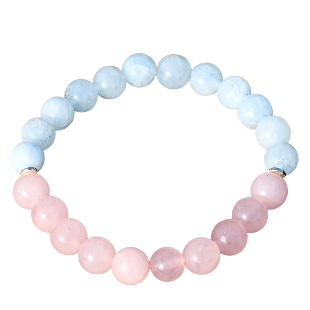 Bracciale elastico con perline di acquamarina e quarzo rosa naturale Olivenorma 