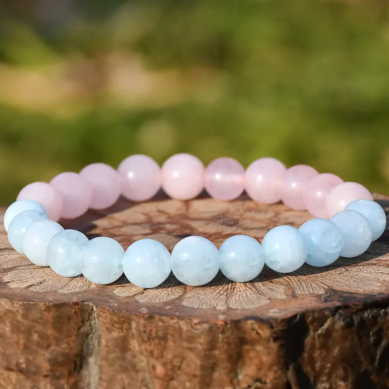 Bracciale elastico con perline di acquamarina e quarzo rosa naturale Olivenorma 