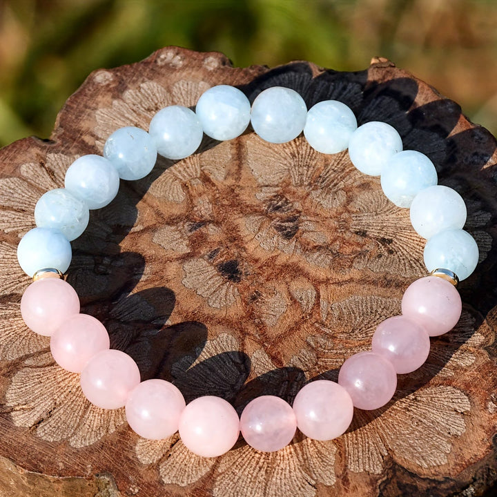 Bracciale elastico con perline di acquamarina e quarzo rosa naturale Olivenorma 