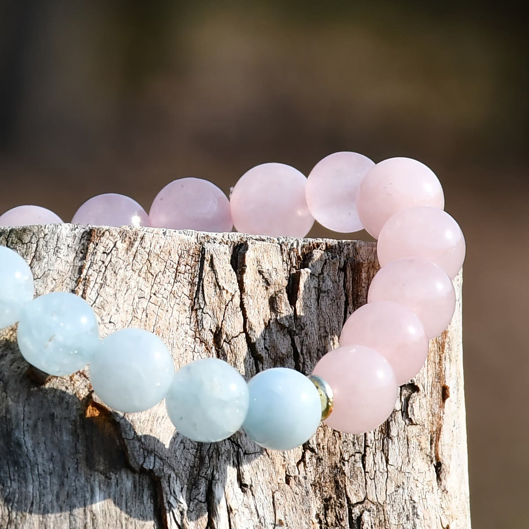 Bracciale elastico con perline di acquamarina e quarzo rosa naturale Olivenorma 