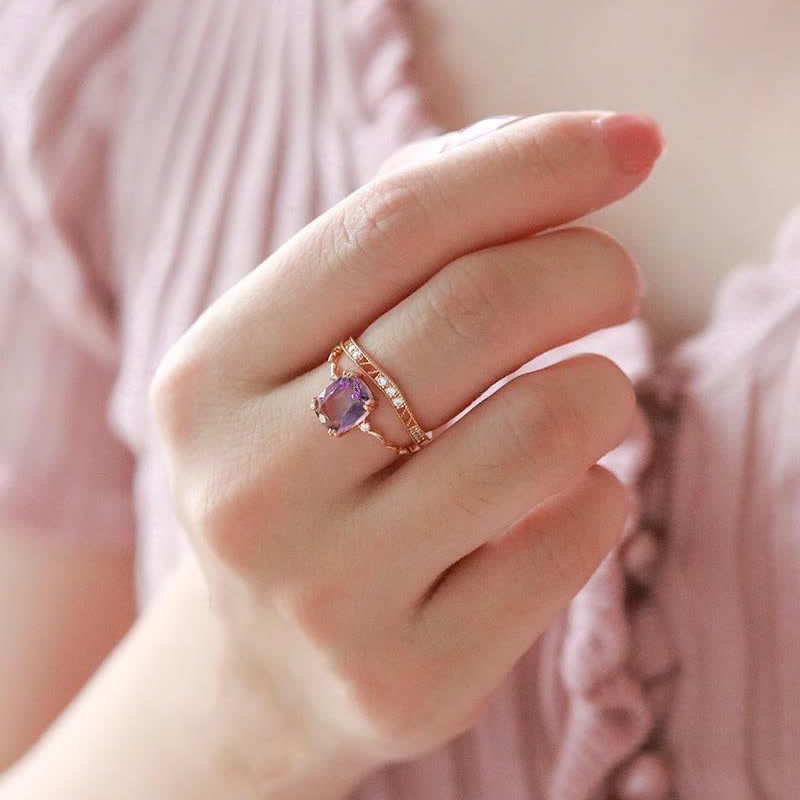 Anello Olivenorma con design a forma di cubo di zucchero in ametista e onda 