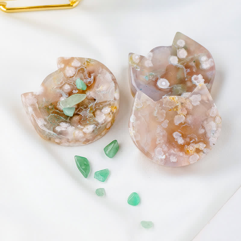 Ciotola di cristallo con testa di gatto in agata e fiori di ciliegio Olivenorma 