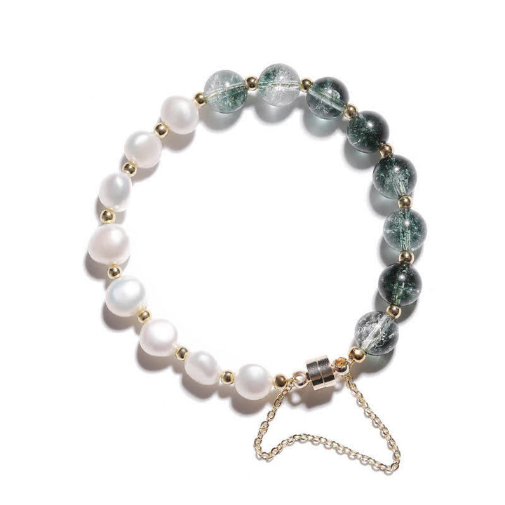 Bracciale di perle d'acqua dolce con quarzo fantasma verde Olivenorma 