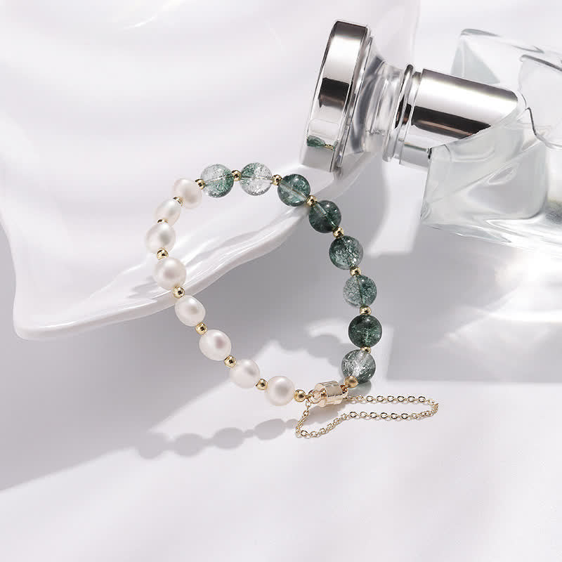 Bracciale di perle d'acqua dolce con quarzo fantasma verde Olivenorma 