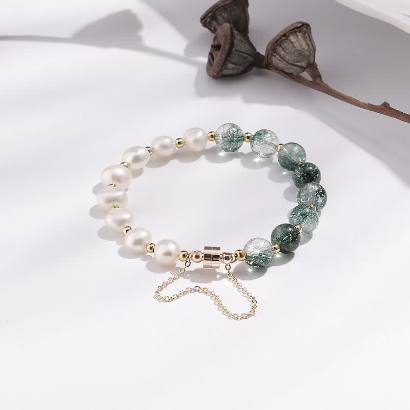 Bracciale di perle d'acqua dolce con quarzo fantasma verde Olivenorma 