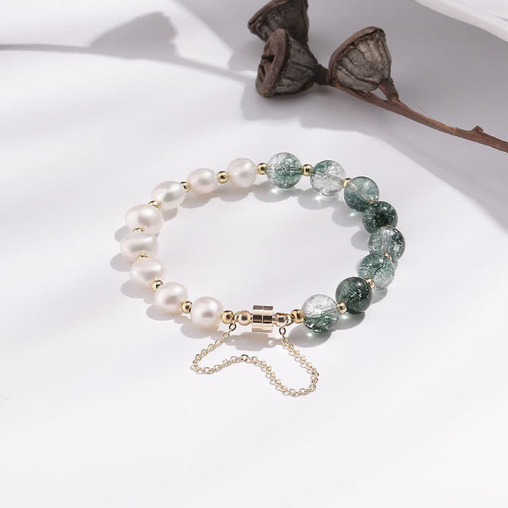 Bracciale di perle d'acqua dolce con quarzo fantasma verde Olivenorma 