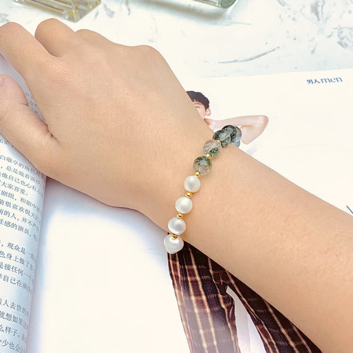 Bracciale di perle d'acqua dolce con quarzo fantasma verde Olivenorma 