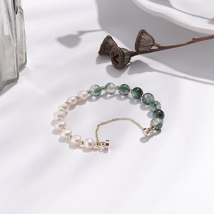 Bracciale di perle d'acqua dolce con quarzo fantasma verde Olivenorma 