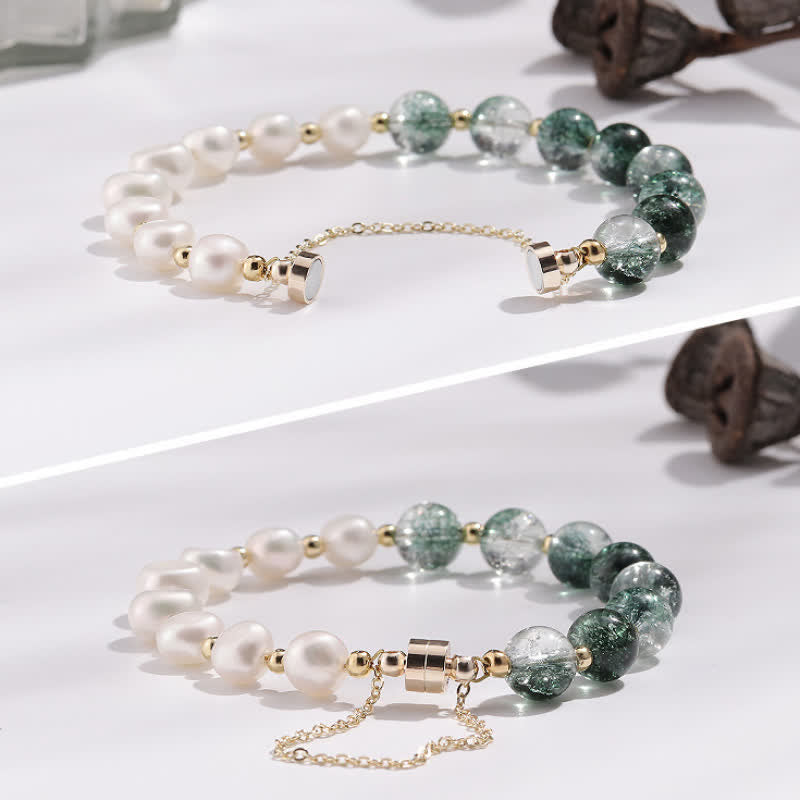 Bracciale di perle d'acqua dolce con quarzo fantasma verde Olivenorma 