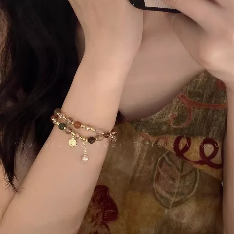 Olivenorma Bracciale doppio in perle di acqua dolce e perle di cristallo naturale 