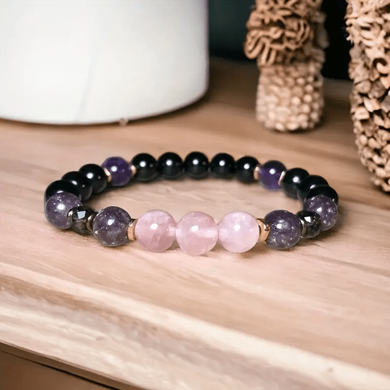 Bracciale Olivenorma in quarzo rosa, ossidiana, ametista, perle da 8 mm - image 1