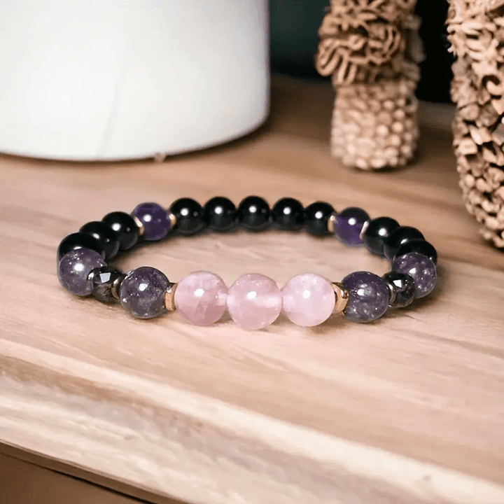 Bracciale Olivenorma in quarzo rosa, ossidiana, ametista, perle da 8 mm - image 1