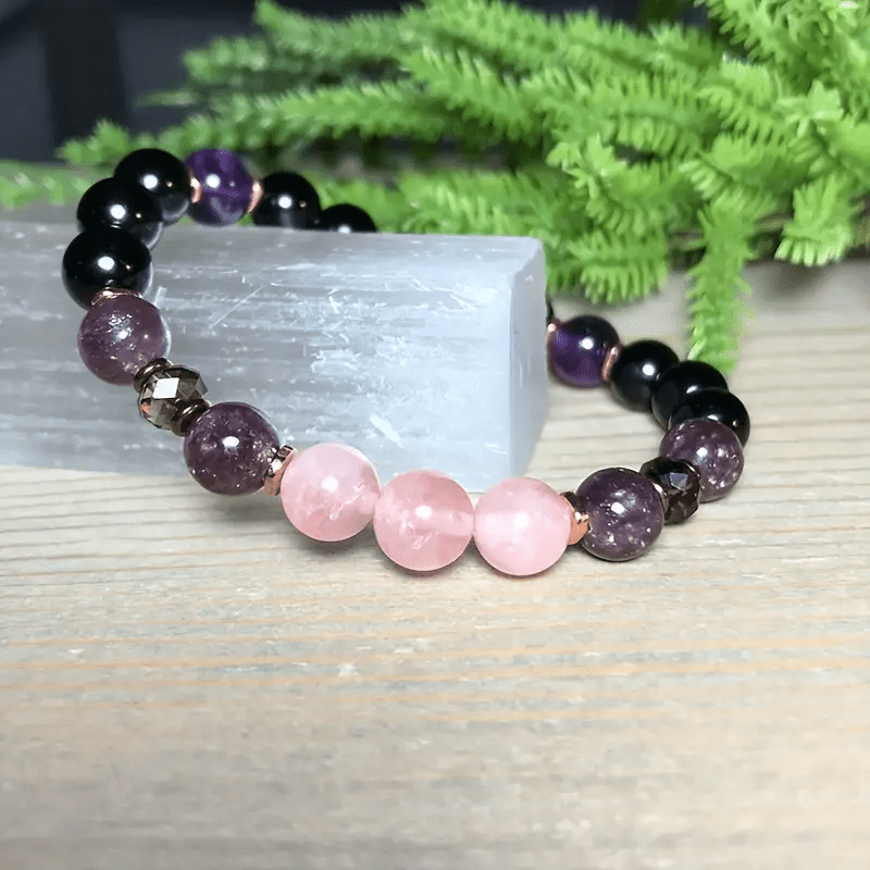 Bracciale Olivenorma in quarzo rosa, ossidiana, ametista, perle da 8 mm - image 2