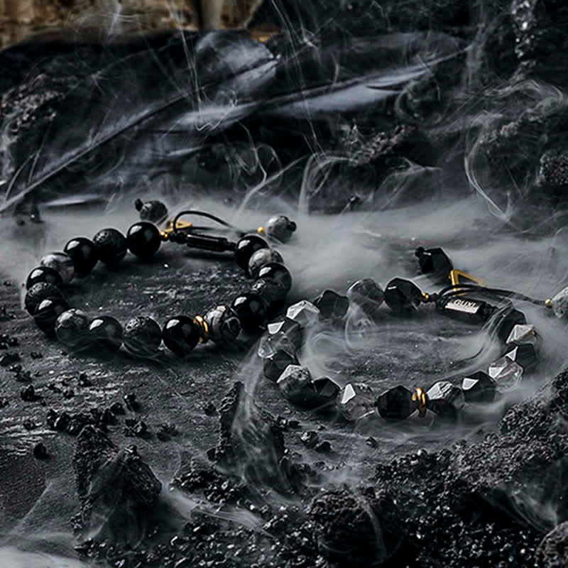 Braccialetto di perline di labradorite e ossidiana naturale Olivenorma "Cold Night" 