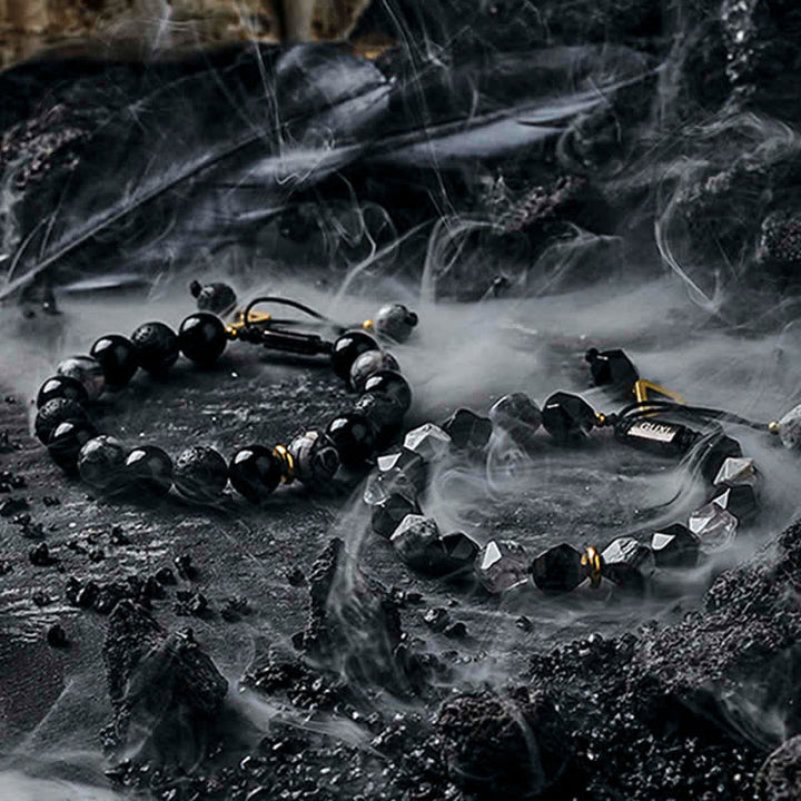 Braccialetto di perline di labradorite e ossidiana naturale Olivenorma "Cold Night" 